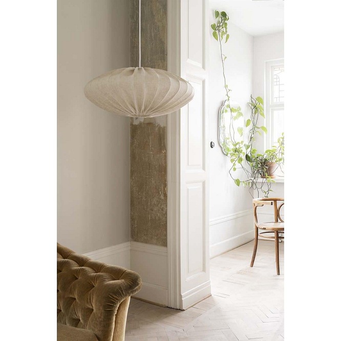 Lniany abażur wiszący Ellipse naturalny 65cm w salonie